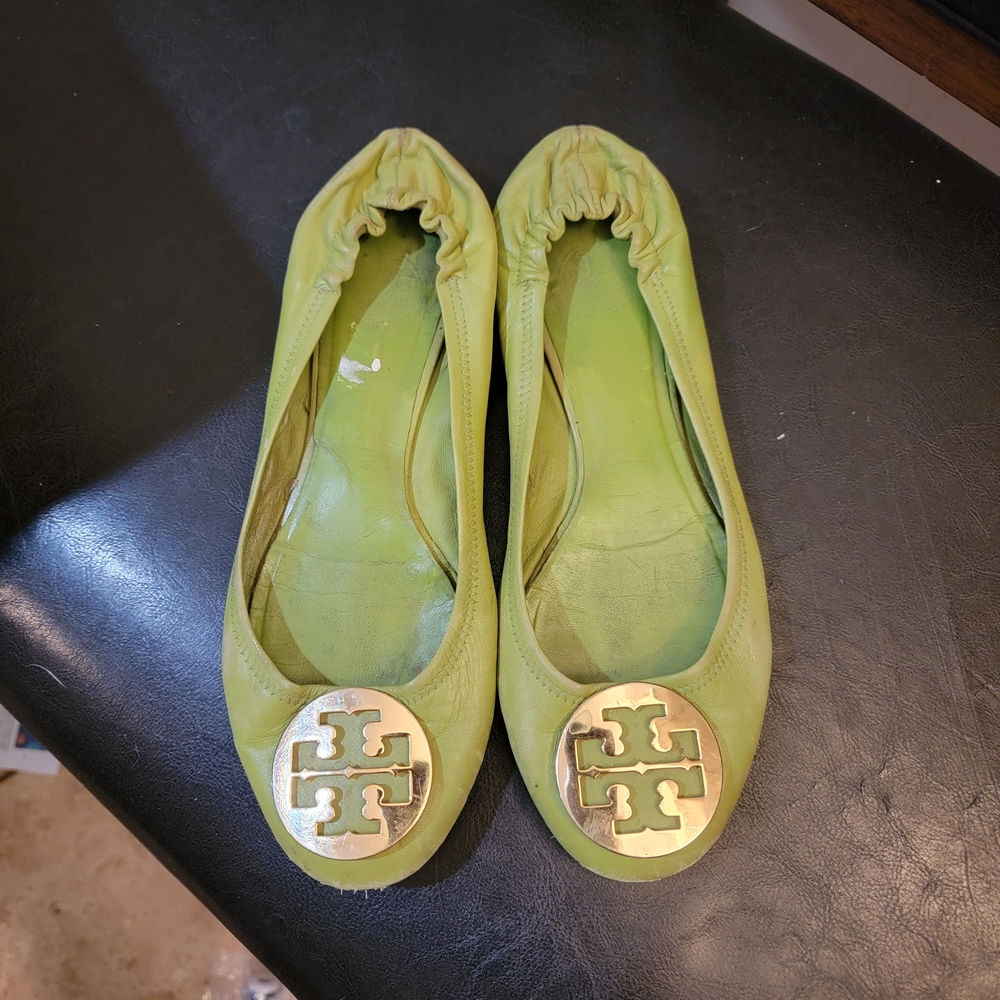 Vintage Tory Burch Reva Ballet Flats Lime Green with Gold Logo  Women 9